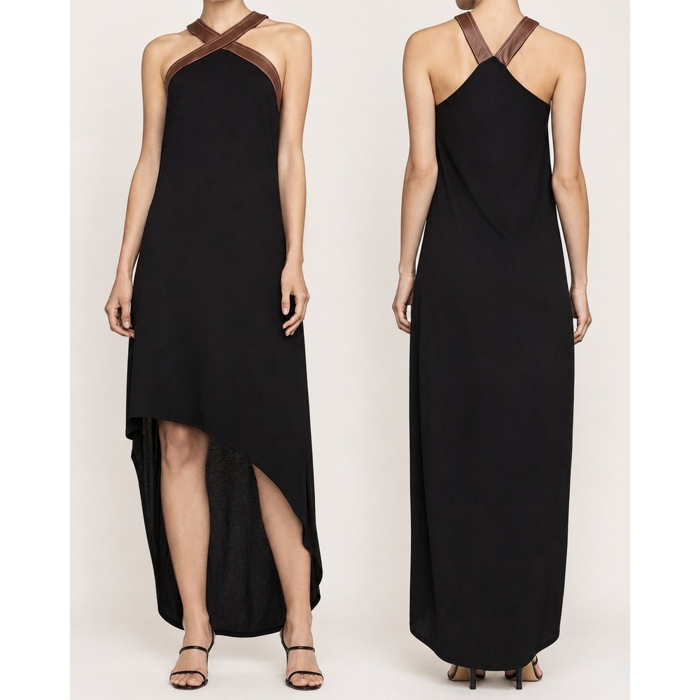 BCBGMAXAZRIA Black Halter High Low Maxi Dress Faux Leather Trim Size L Dark Glam